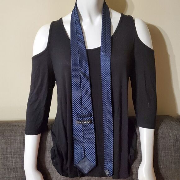 Adolfo Dark Blue Striped Silk Tie - Picture 4 of 5